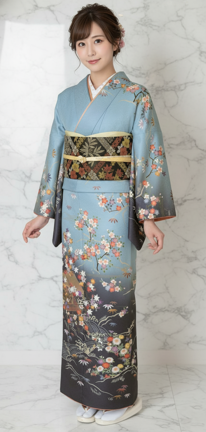 訪問着 秀品 松 銀糸 裾ぼかし 灰色 袷 身丈166cm 裄丈68cm L 正絹